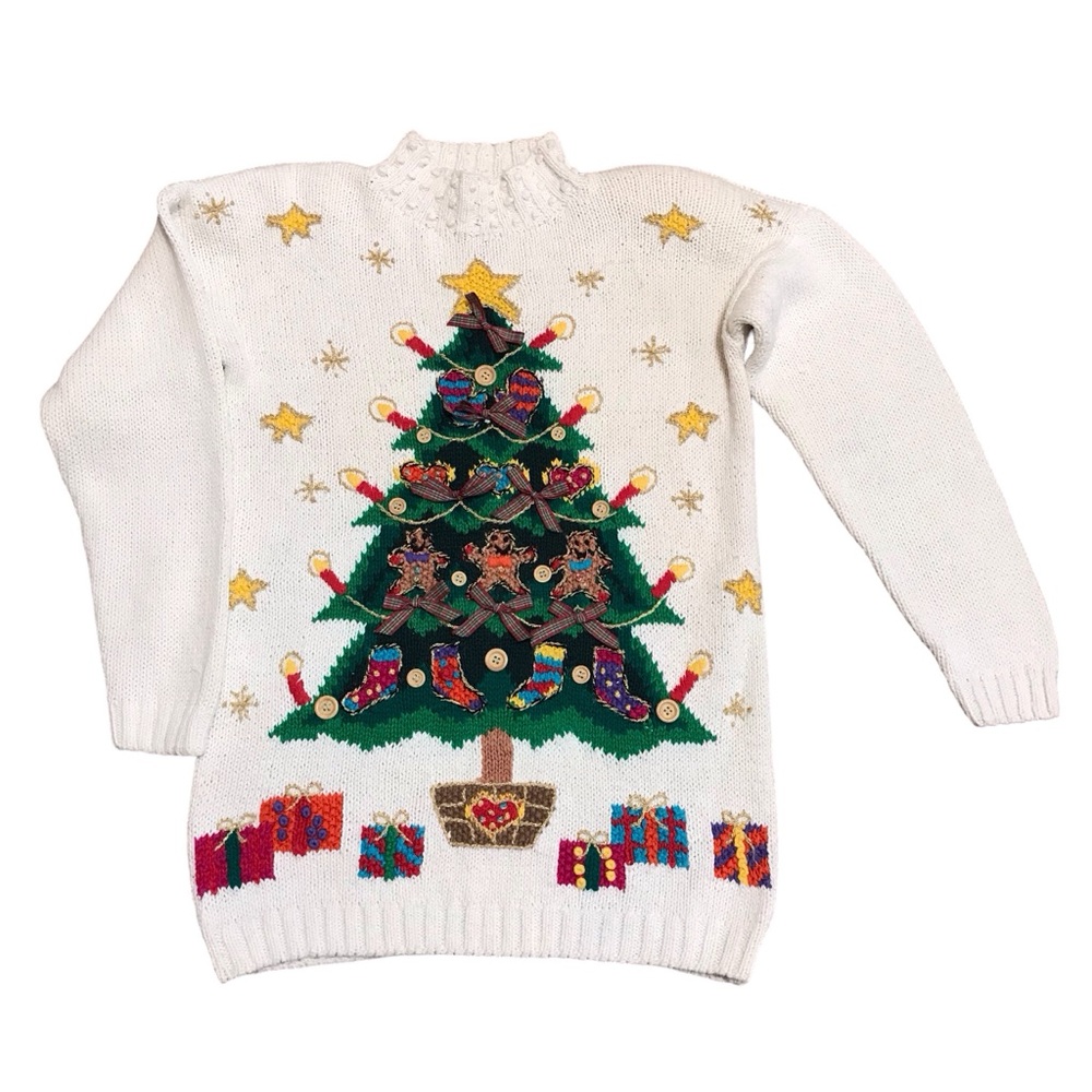 Beldoch Popper Women's Christmas Sweater Vintage Small Tree Stars Presents